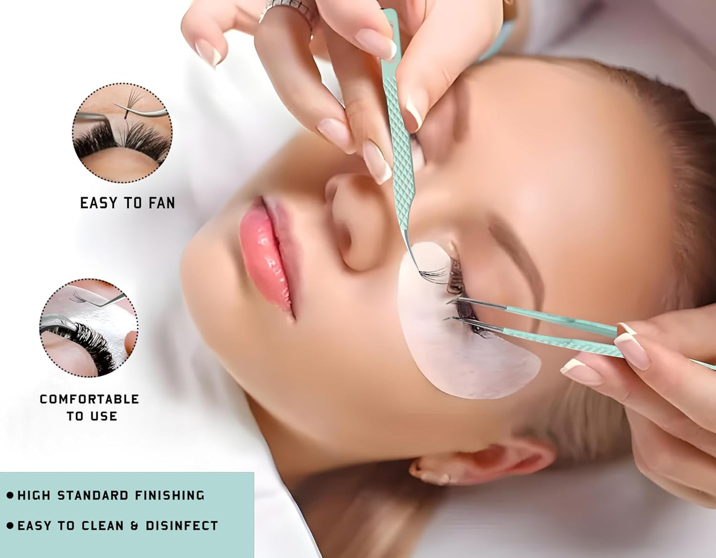 Lash Tweezers - Set of 5 Diamond Grip Eyelash Tweezers - Stainless Steel Professional Fiber Tip Lash Tweezer for Eyelash Extensions (Light Green)