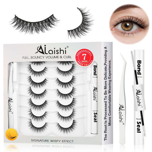 Wispy False Eyelashes Kit With Bond, Seal and Tweezer, 7 Pairs Natural Look Fake Cat Eye Lashes Strips Thin Band Extensions Waterproof Easy Eyelashes for Beginners RQ01