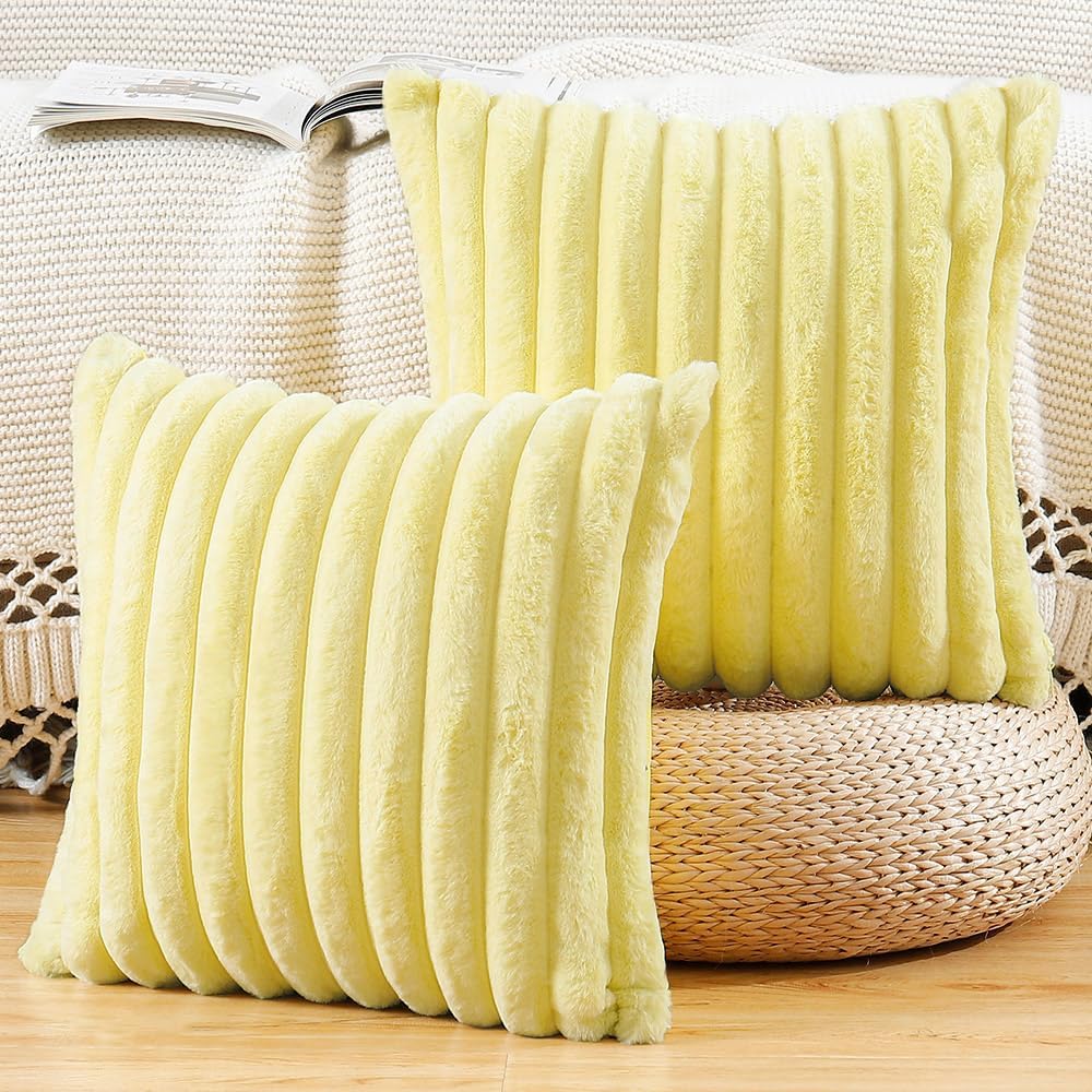 MADIZZ Set of 2 Faux Wool Plush Decorative Throw Pillow Covers 26x26 Inch Yellow Fluffy Striped Soft Decorative Cushion Cover for Sofa Bedroom Pillow Shell