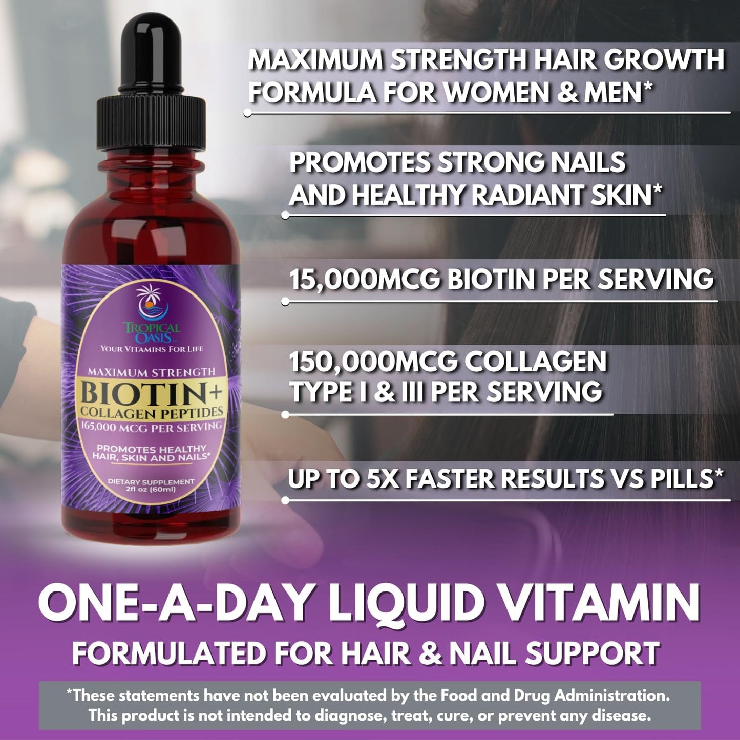 Maximum Strength 165,000mcg Liquid Biotin & Collagen Drops – Vitamins for Hair Growth for Women & Men – Supports Healthy Hair, Radiant Skin & Strong Nails – 98% Absorption, Non-GMO, 60 Servings