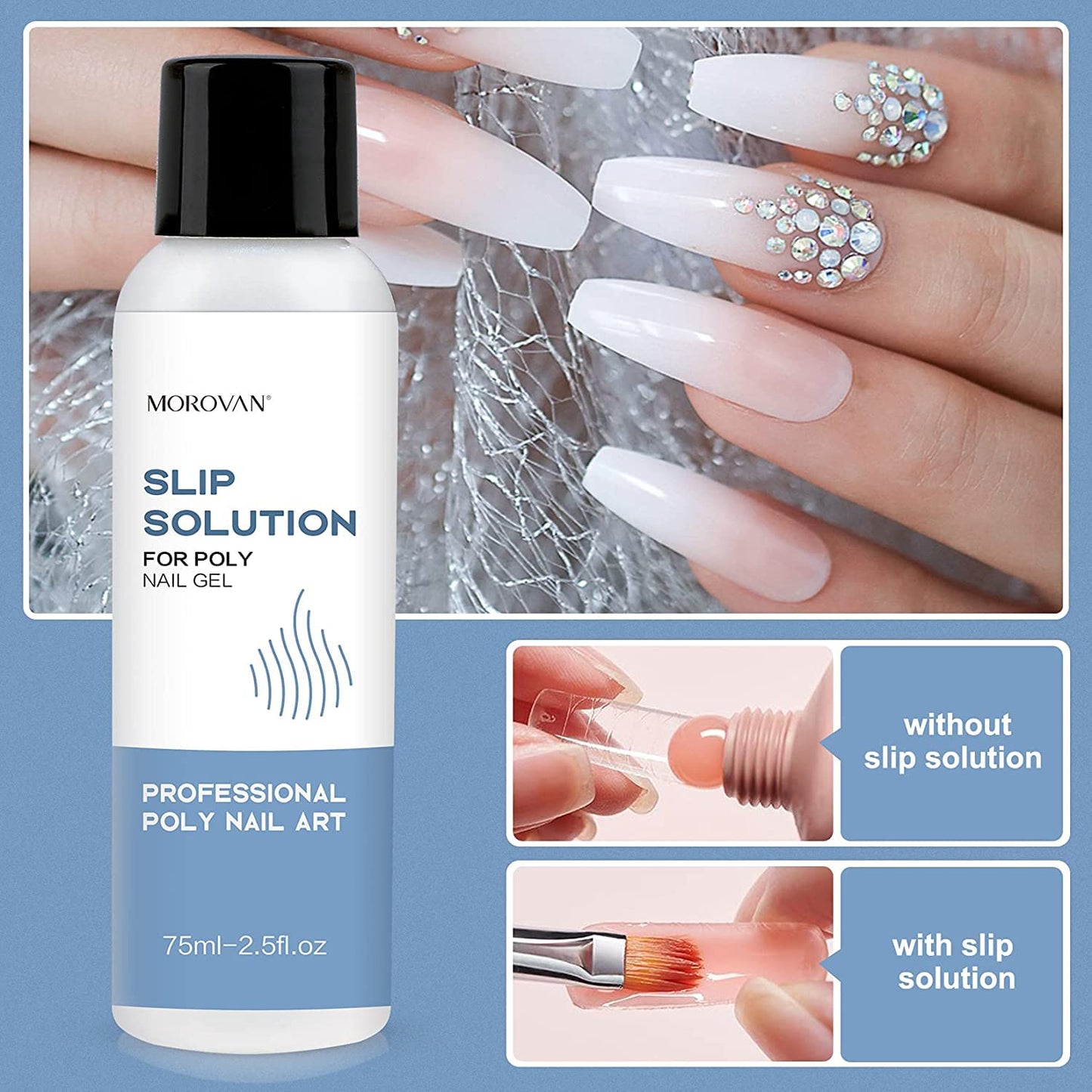 Morovan Nail Slip Solution Kit: 2.5 OZ Anti‑Stick Gel Liquid for PolyGel Nails with Dual‑Ended Brush & Nail Forms Ideal Easy Spread for Beginners