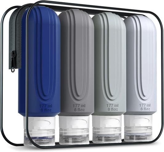 Travel Bottles for Toiletries, Large 6oz Oversize Containers, BPA Free Leak Proof Tubs Refillable Liquid Traveler Accessories with Toiletry Bag for Cometic Shampoo and Lotion Soap (4 Pack)