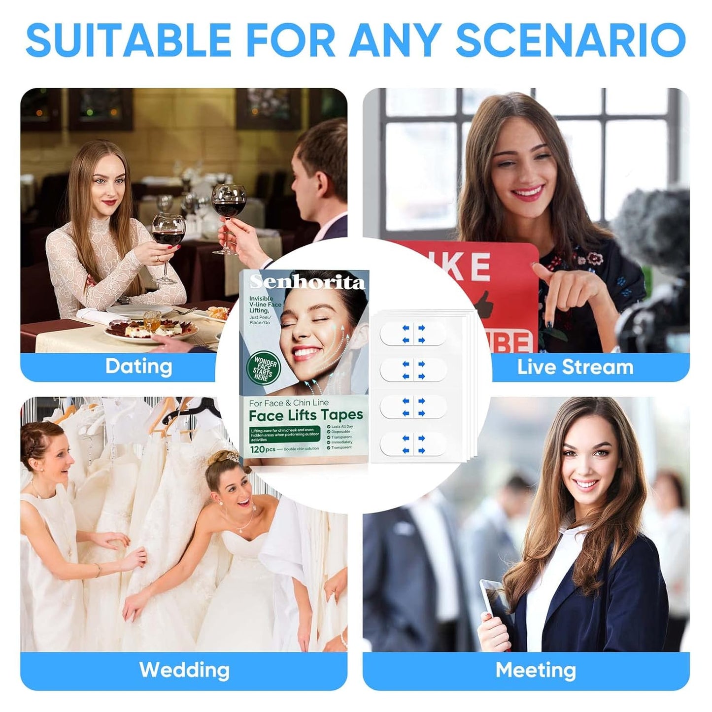 Senhorita Face Lift Tape, 120Pcs Instant Face Lift Tape Invisible, Face Tape Lifting Hide Double Chin and Wrinkles, Lifting Saggy Skin