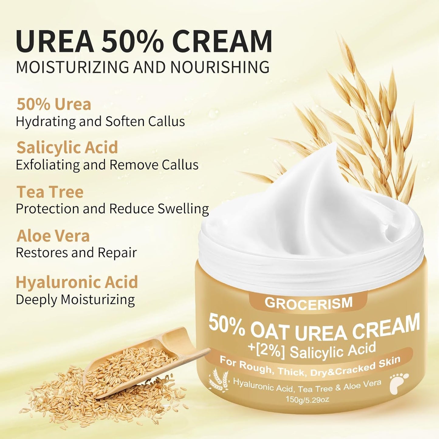 Urea Cream 50 Percent for Feet Maximum Strength 5.29 oz with Oat and 2% Salicylic Acid, Foot & Hand Cream included Hyaluronic Acid, Tea Tree and Aloe Vera for Deep Moisturizing, Callus Removing