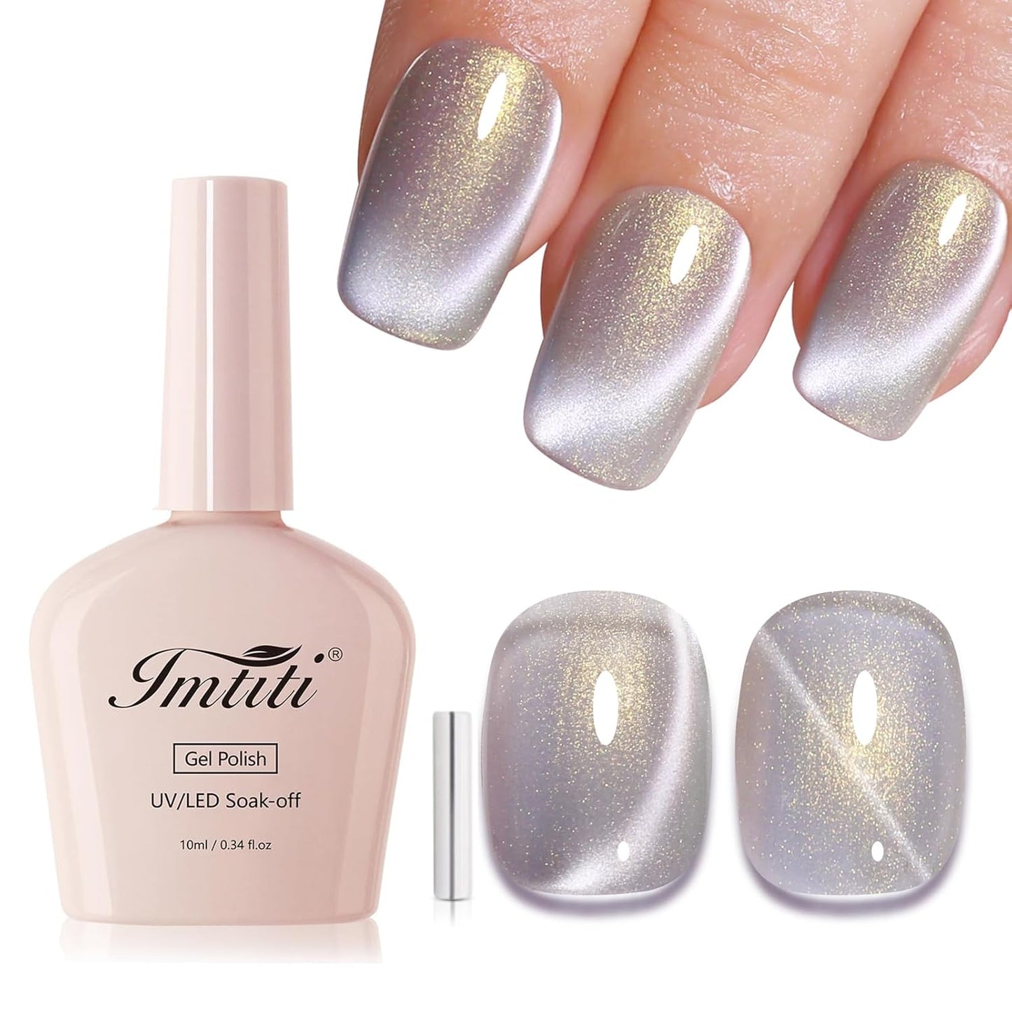 Imtiti Aurora Cat Eye Gel Polish, Pearl White Grey Holographic Glitter Magnetic UV Soak Off Gel Nail Polish (0.34 Fl Oz-997)