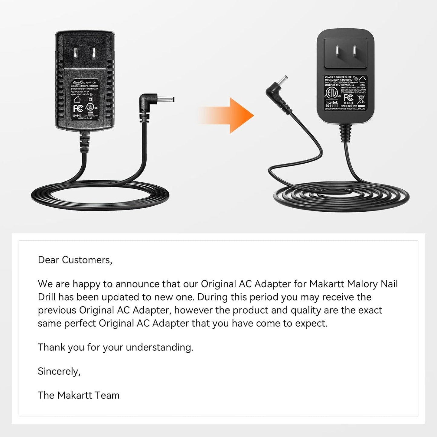 Makartt Original Power Charger Adapter for Malory Nail Drill, 12V 2A AC Battery Supply Cord for 30000RPM Rechargeable Electric File Manicure Tech Art Salon Home DIY Use