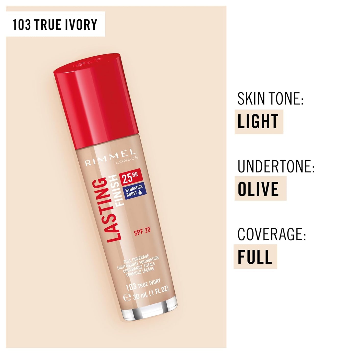 Rimmel London Lasting Finish 25HR - 103 True Ivory - Foundation, 25-Hour Wear, Full Coverage, Waterproof, 1oz
