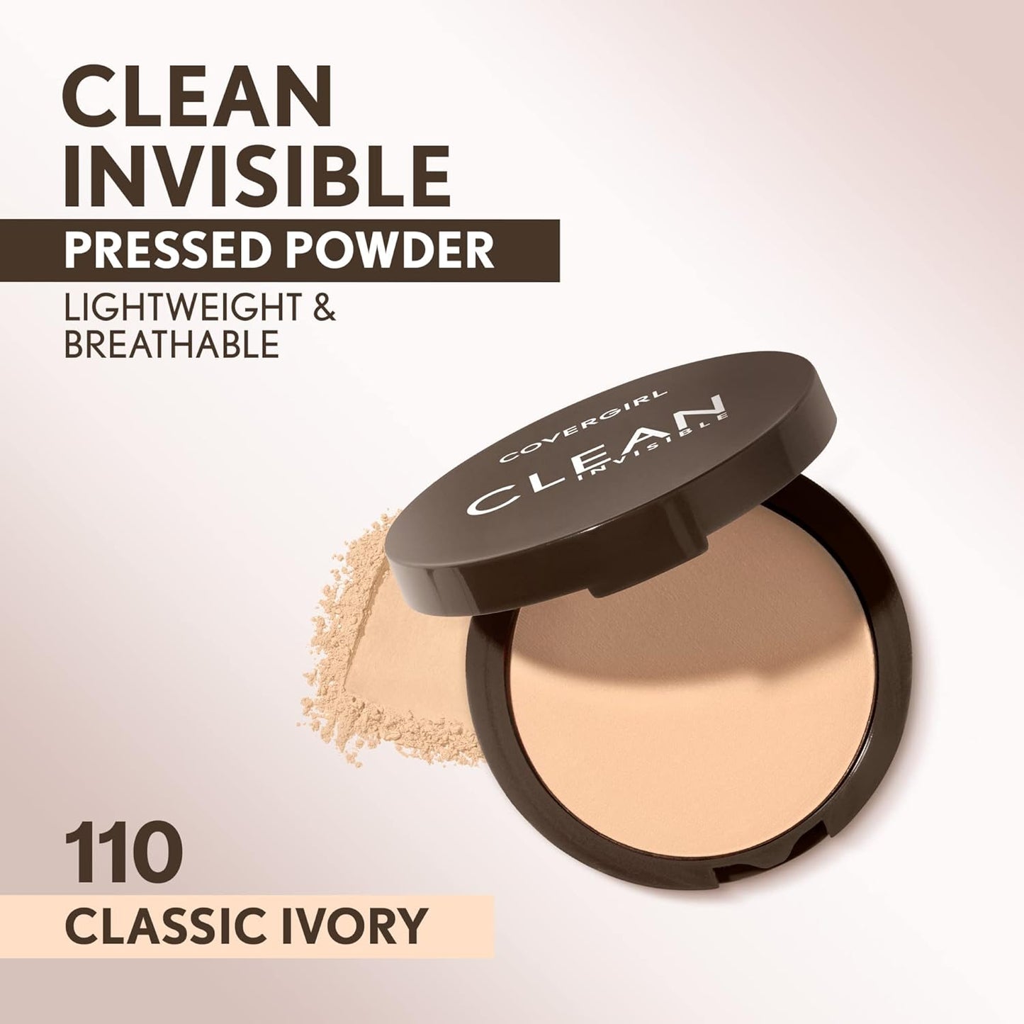 Covergirl Clean Invisible Pressed Powder, Lightweight, Breathable, Vegan Formula, Classic Ivory 110, 0.38oz