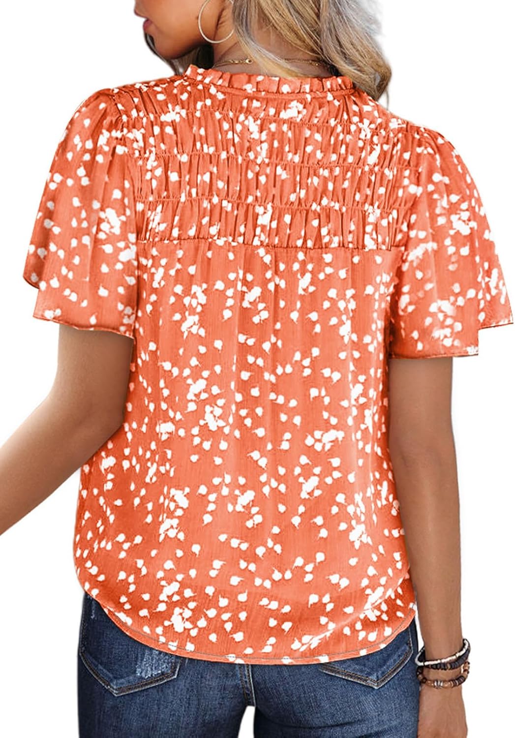 SHEWIN Women's Casual V Neck Floral Print Smocked Short Sleeve Chiffon Blouses Bohemian Top Shirts