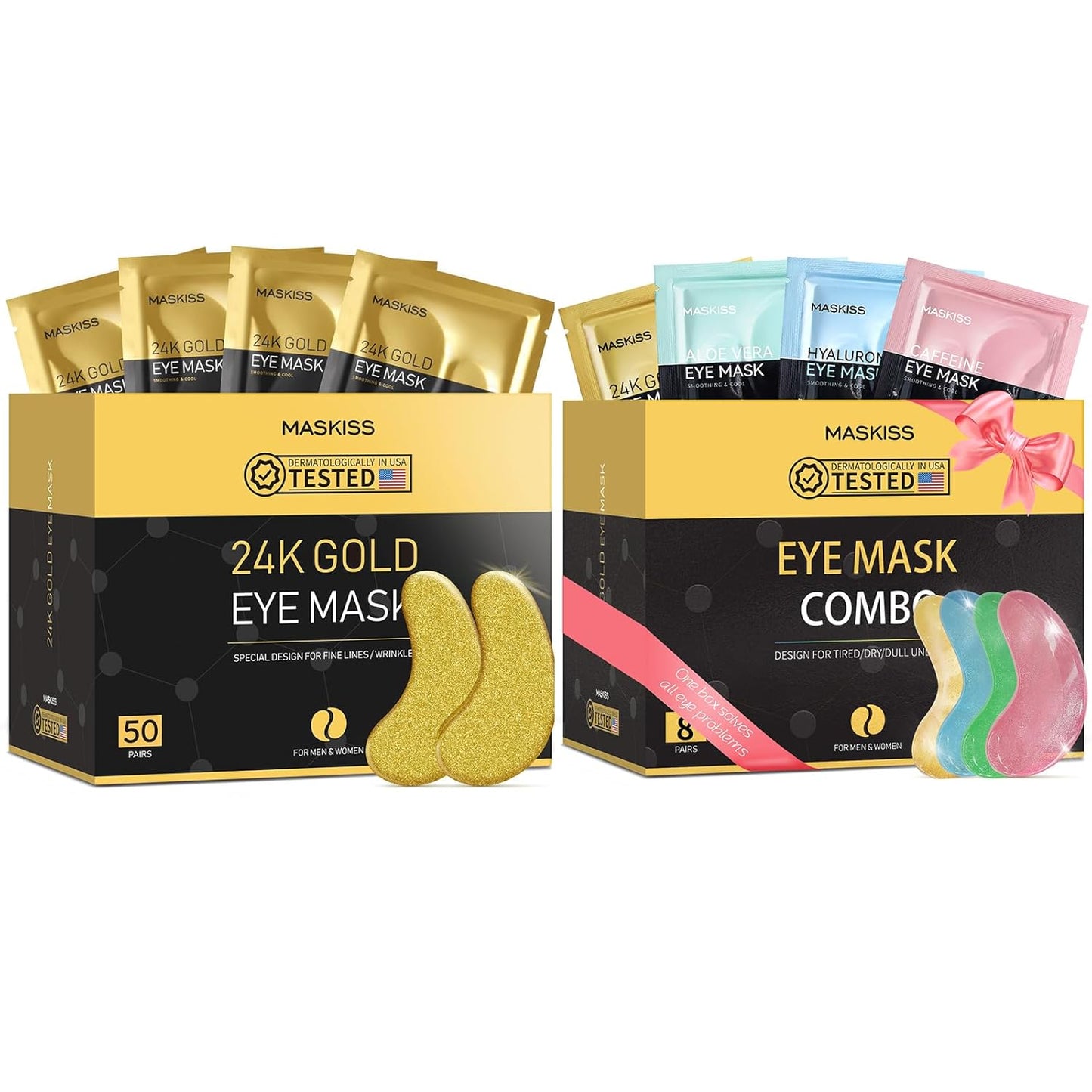 24k Gold Under Eye Patches & 4 in 1 Eye Masks Set, Collagen Eye Patches for Dark Circles Undereye Bags Wrinkles and Puffiness, Skin Care Gift for Her