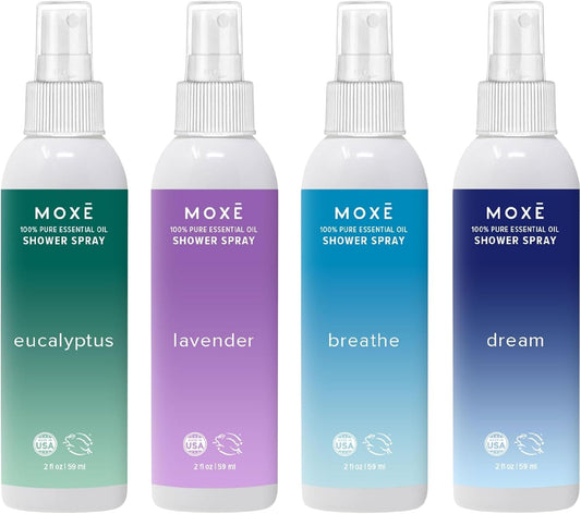 MOXE Aromatherapy Shower Mist Variety Pack, Eucalyptus, Lavender, Breathe and Dream, Spa Steam Spray, Natural 100% Essential Oils, Made in USA, Aromatherapy, Sinus Congestion Relief, 4 Pack (8oz)