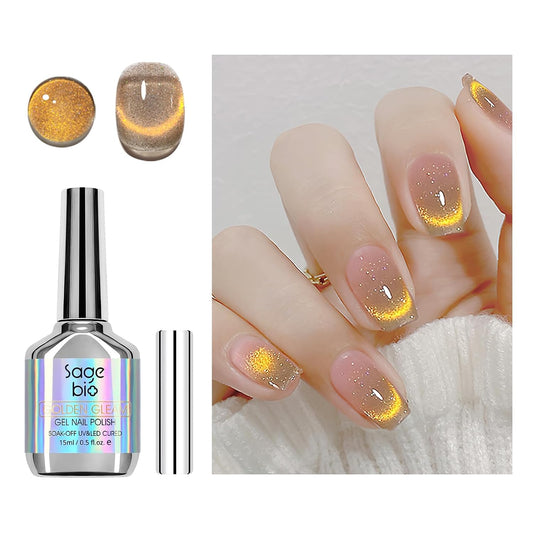 Cat Eye Gel Nail Polish with Magnet Stick, 15ml Glitter Holographic Nail Polish, Magnetic Effect Gel for Home DIY Manicure Gift, Champagne Gold