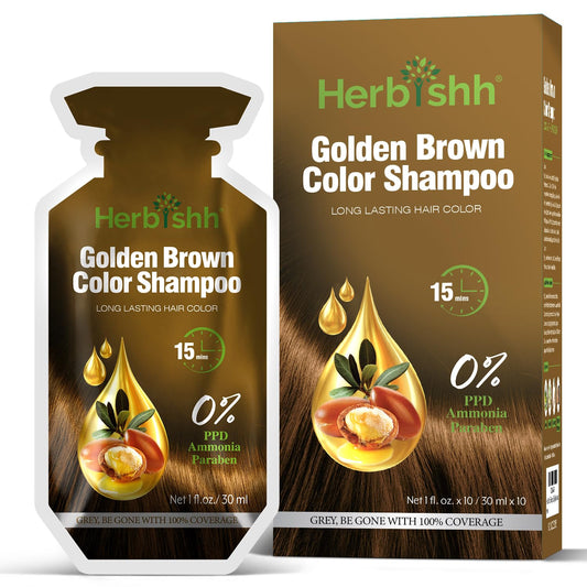 Golden Brown Hair Shampoo, Hair Color for Gray Coverage, 3 in 1 Hair Dye Shampoo - champu para tenir el cabello, Colors in Minutes, Easy to Use PPD Free Pouch 30mlx10p