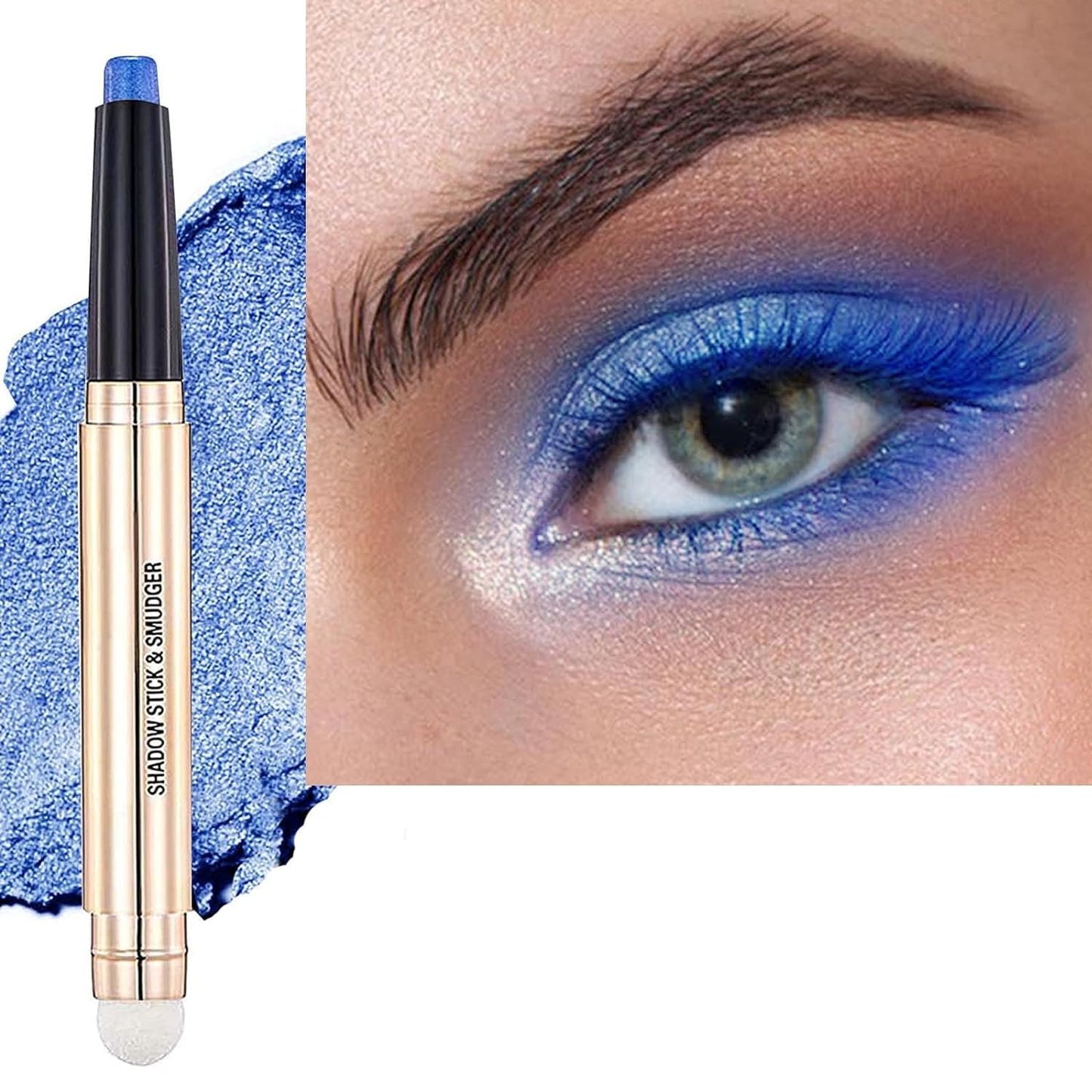 Blue Eyeshadow Stick Makeup, Highlighter Matte Cream Eye Shadow Pencil, Waterproof Hypoallergenic Long Lasting Crayon, Glitter Primer Palette Shimmer Eyeliner Pen wiht Soft Brush