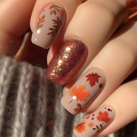 Glitter Fall Press on Nails Thanksgiving Maple Leaf Fake Nails Medium Square Vintage Glue on Nail Glossy Autumn Maple Leaf Stick on Nail for Women DIY Manicure
