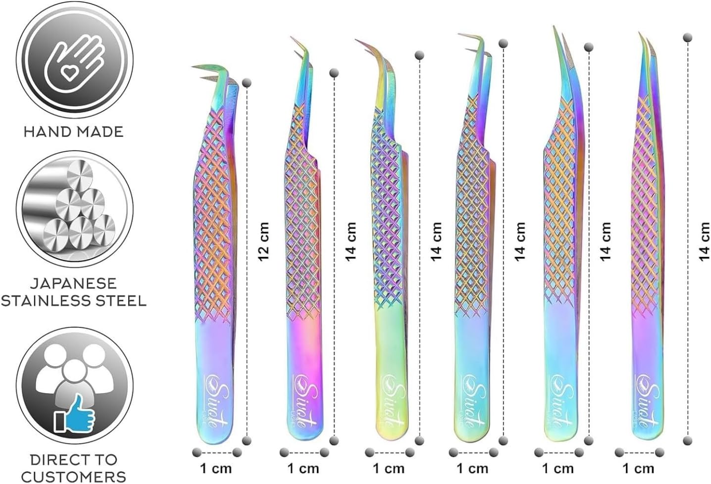 SIVOTE Eyelash Extension Tweezers Fiber Tips, Set of 6, Curved, Dolphin, 90 Degree 45 Degree, Volume Boot & Slight Curved Tweezer, Rainbow