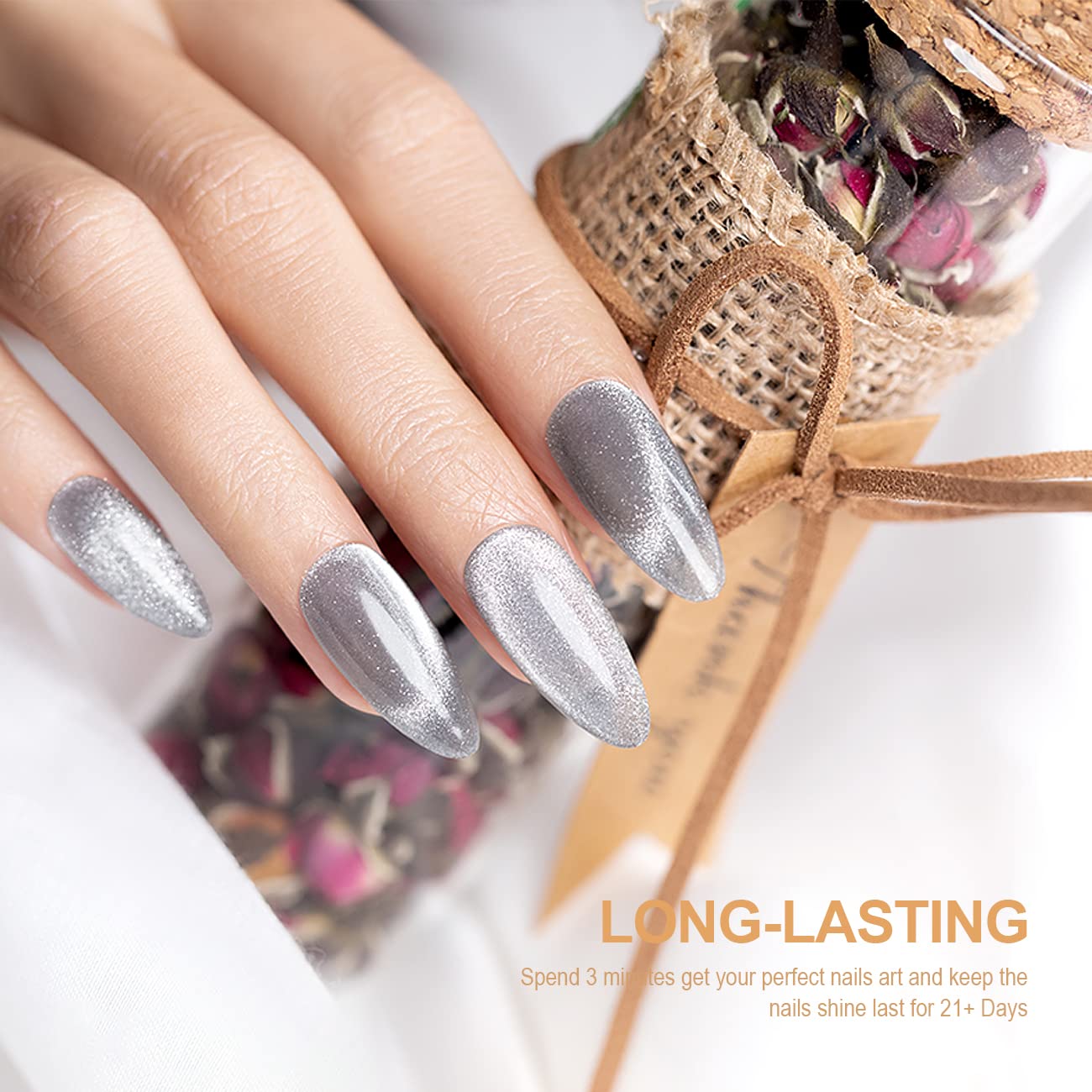 RARJSM Silver Cat Eye Gel Nail Polish 9D Cateye Galaxy Universal Glitter Shimmer Velvet Ice Gel Polish Single Bottle 15ml with Magnetic Stick UV LED Curing Requires Soak Off Home Salon DIY Manicure