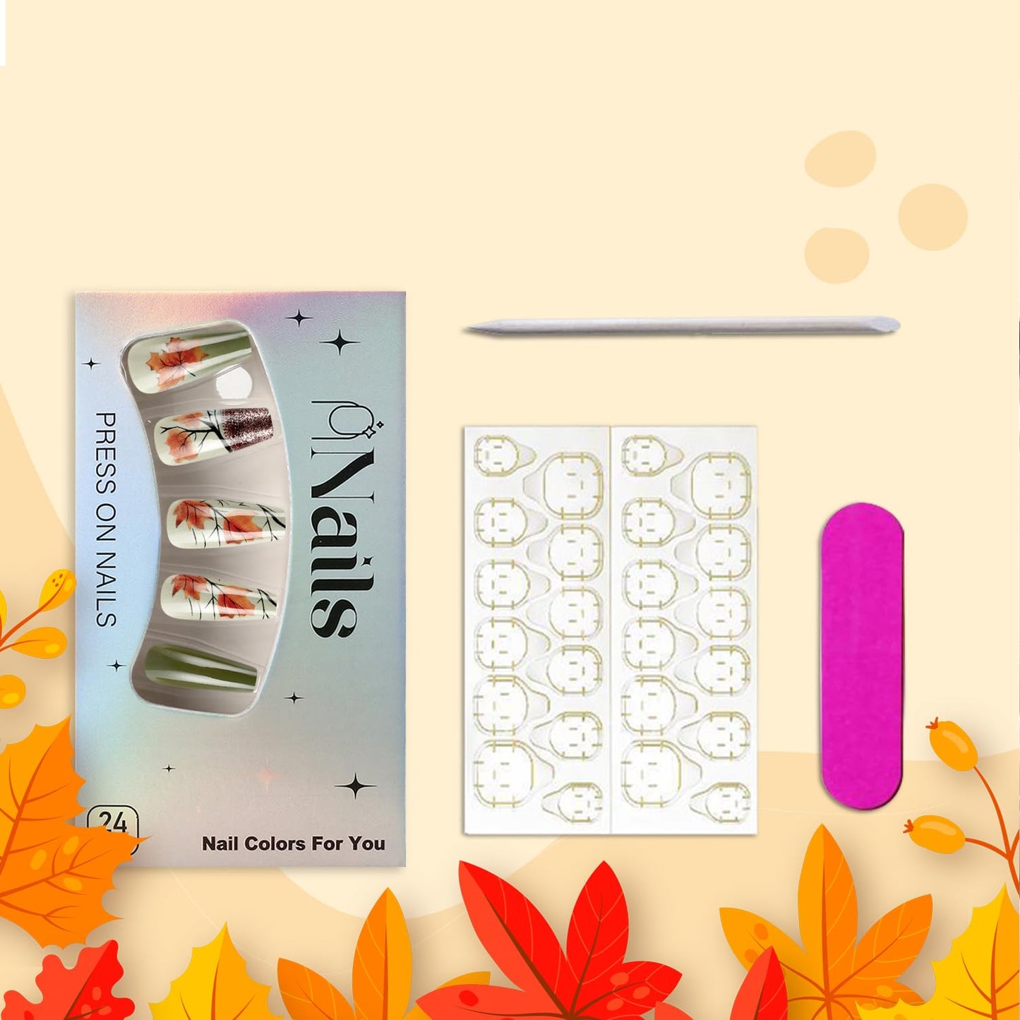 Vintage Thanksgiving Press on Nails Fall Maple Leaf Long Coffin Nails Autumn Maple Leaves Fake Nail Glossy Acrylic Glue on Nail for Women DIY Manicure