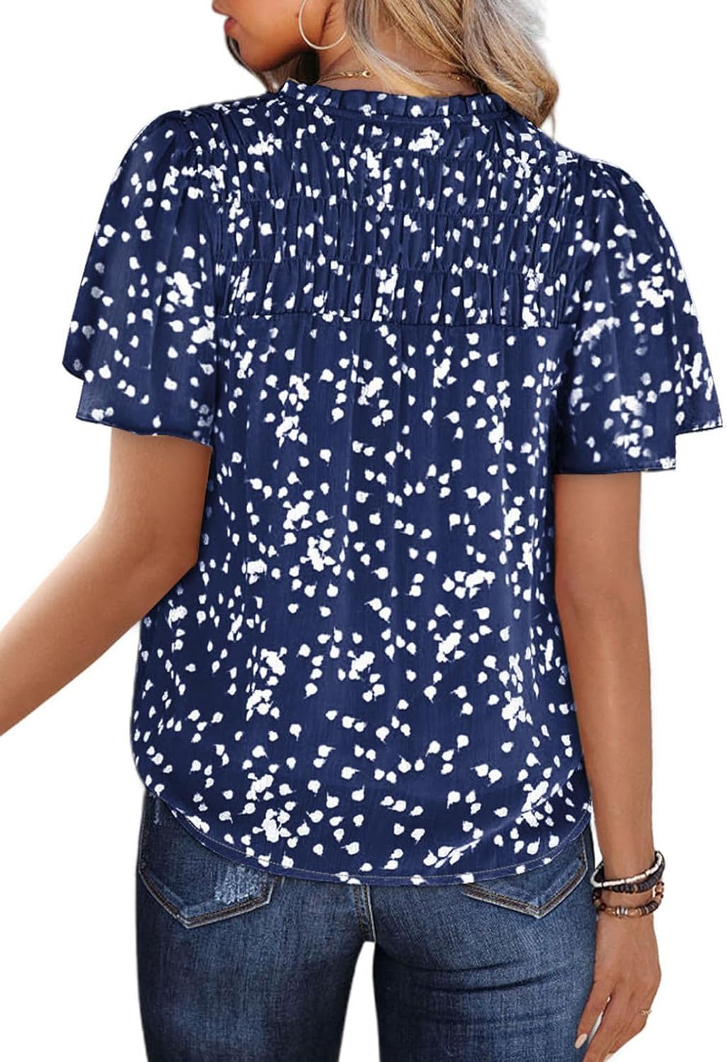 SHEWIN Women's Casual V Neck Floral Print Smocked Short Sleeve Chiffon Blouses Bohemian Top Shirts