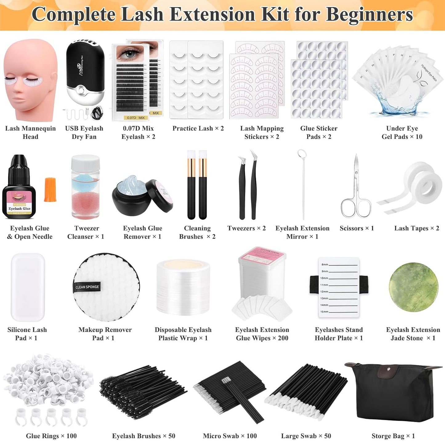 Lashes Kit for Eyelash Extension Beginner Lash Tech Starter Kit with Eye Lash Mannequin Head, Professional Eyelash Extension Kit with Lash Fan, Extension Glue and Eyelash Remover for Practice Training