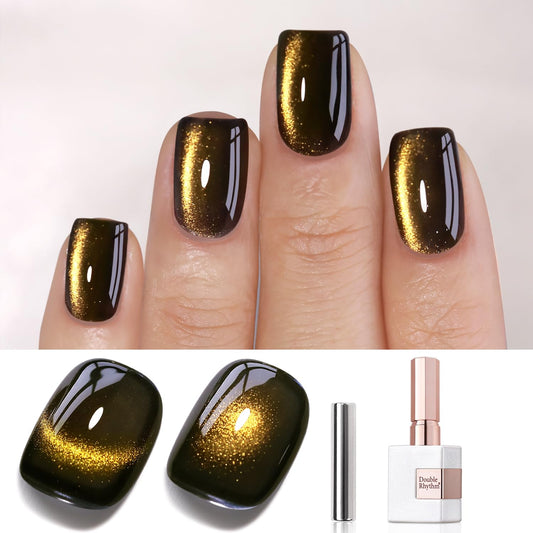 Double Rhythm Cat Eye Gel Polish with Magnet 15ML Glass Holographic Glitter Shimmer Translucent Sheer Color Salon Soak Off Magnetic at Home (Black Gold-MC1146)