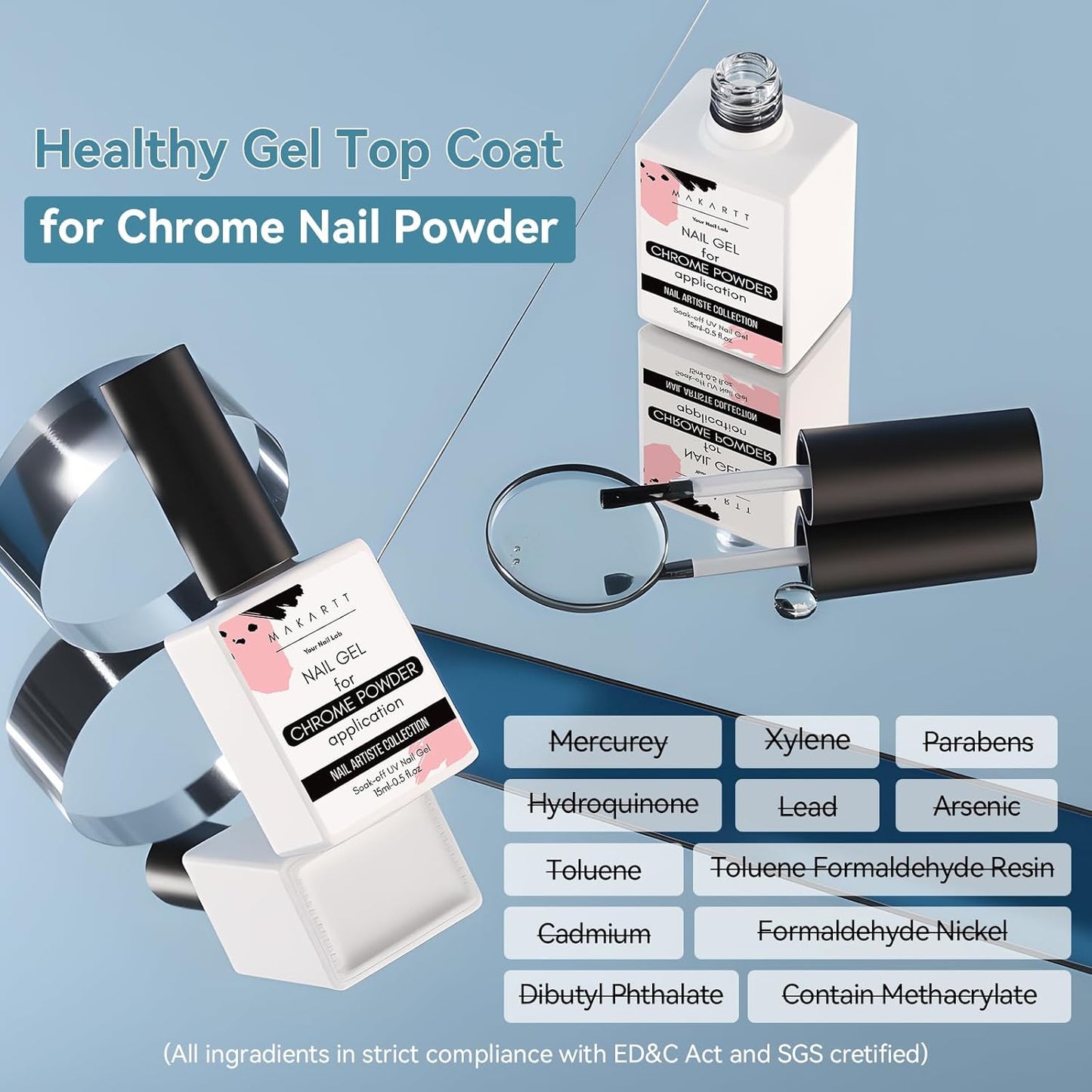 Makartt Gel Top Coat for Chrome Nail Powder - 2 Pcs 15ml Clear No Wipe High Gloss Top Coat Gel Nail Polish Mirror Shine Long Lasting Easy Application, Soak off UV Lamp, DIY Home Salon Art Design