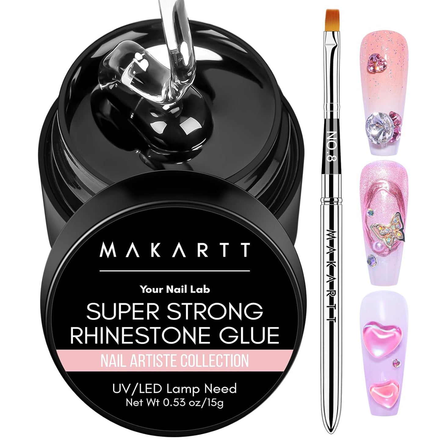 Makartt Rhinestone Glue for Nails, 15ml Clear Nail Gem Adhesive with Brush Kit for 3D DIY Decorations, Super Strong Bling Gel for Jewelry Diamonds
