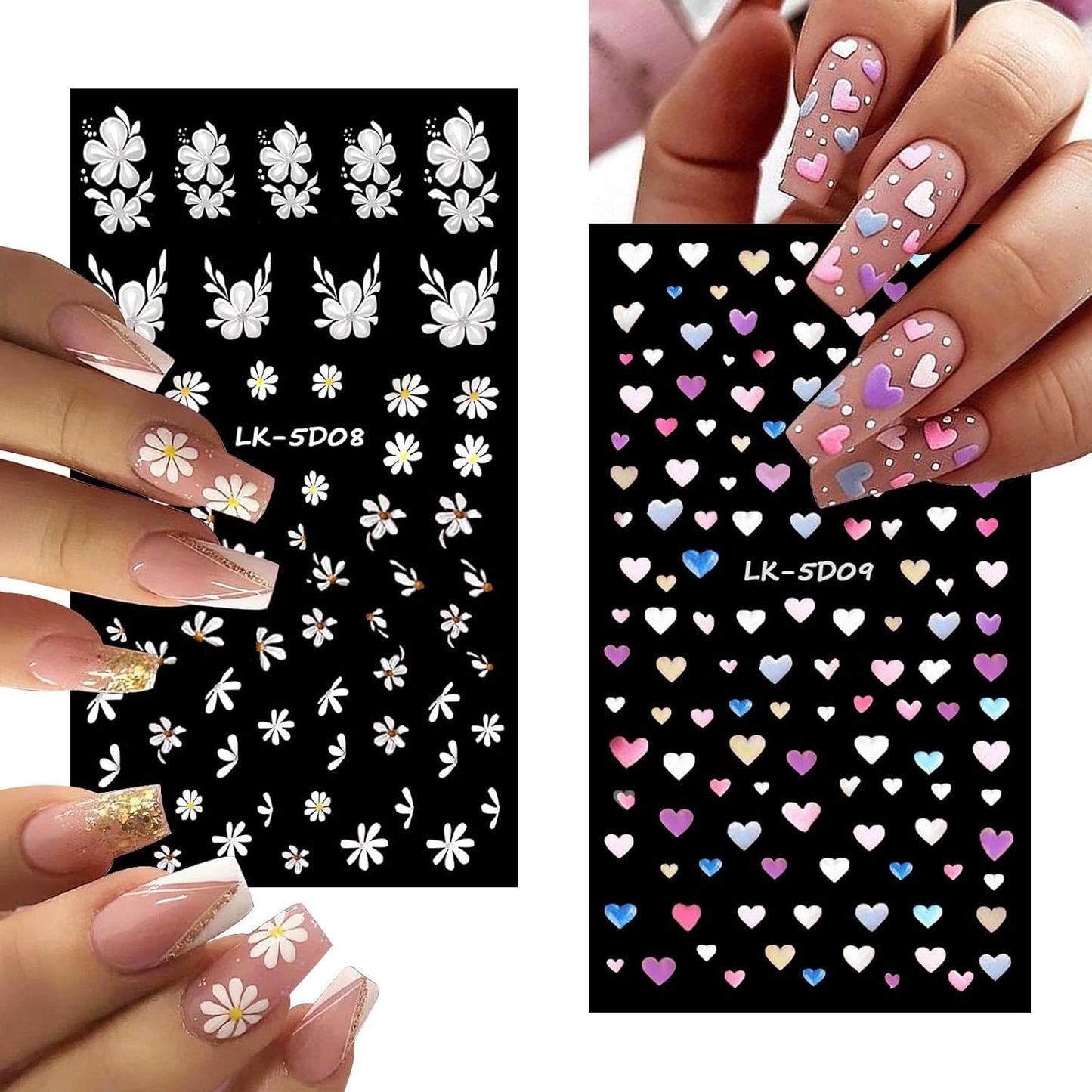 Nail Art Stickers Decals 5D Embossed Flower Nail Decals Self Adhesive Spring Summer Heart Daisy Nail Supplies 3D Nail Design for Women Nail Decoration Colorful Flower Nail Stickers