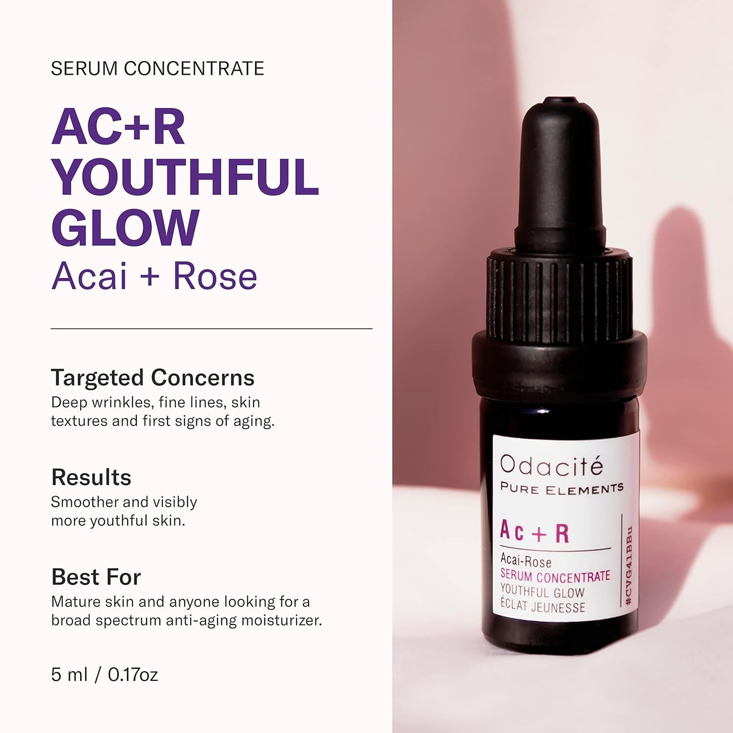 Odacité Anti Aging Serum Concentrate with Acai + Rose - Revitalizing Facial Oil, Youthful Glow, Improves Skin Tone, Wrinkles, and Firmness, Age defying, Rose Oil, 0.17 fl. oz.