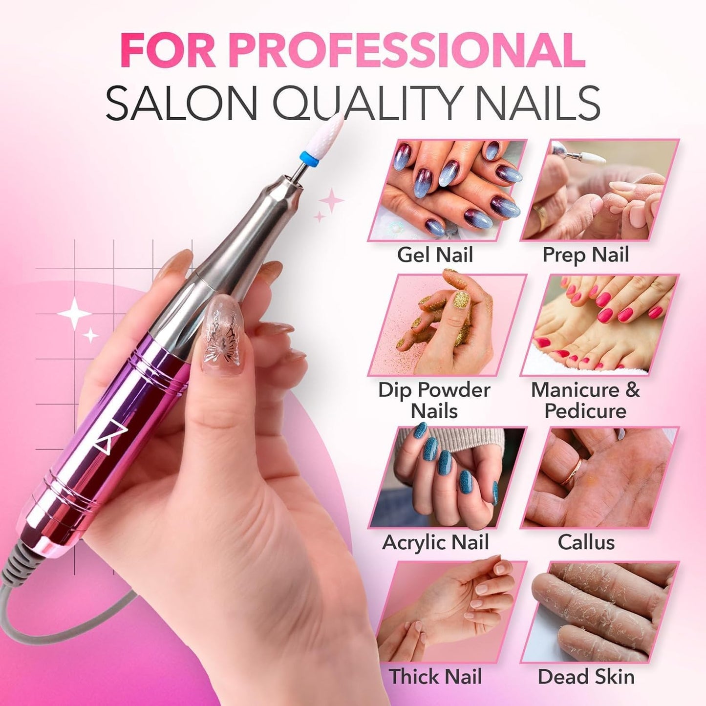 M Mase- Professional Nail Drill Machine - Coreless 2-in-1 Nail File - Electric, Cordless, 35000 RPM, HD Display - Electric Nail Drill for Professional & Home Use (Rose Gold)