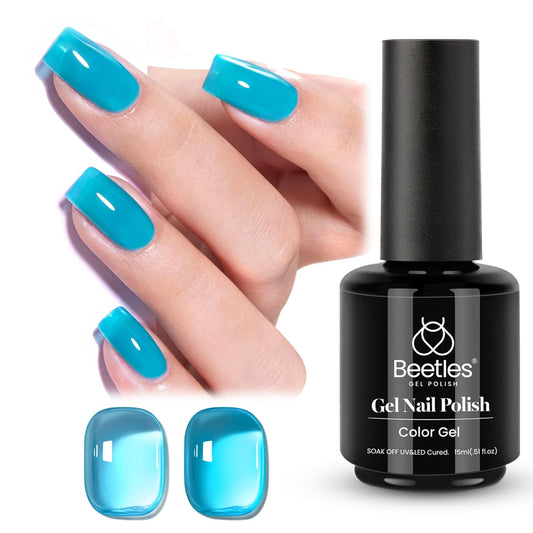 Beetles Blue Gel Nail Polish, 15ML Summer Jelly Gel Polish Sheer Translucent Effect Neutral Gel Soak Off UV Mystic Blue Lagoon Series French Nail Art Manicure Salon Gift for Women