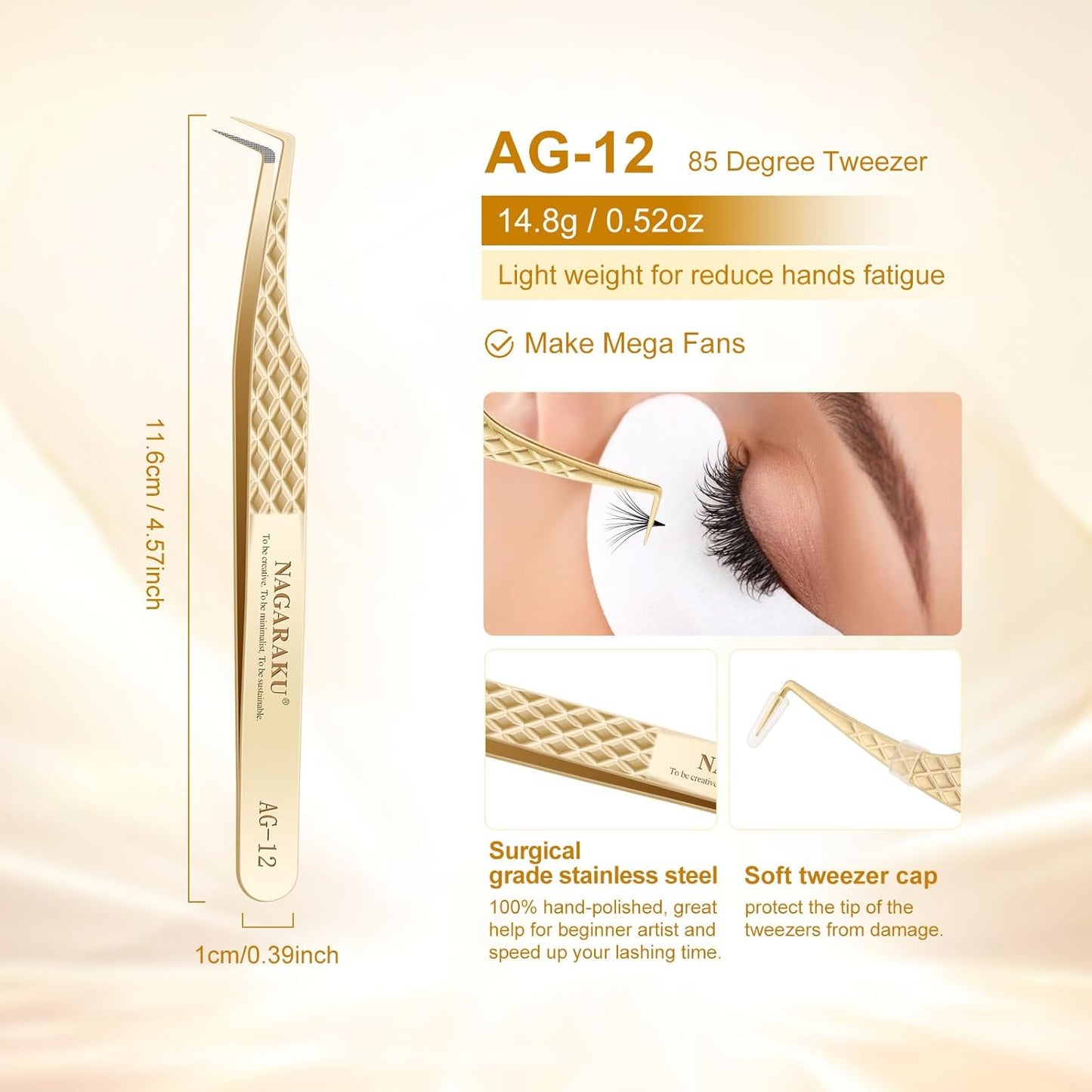NAGARAKU Precision Fiber Tip Tweezer for Eyelash Extensions Diamond Grip Anti-Static Anti-Slip Premium Stainless Steel Pointed Volume Eyelashes Tweezers with Box -85 Degree Long Tip Tweezer AG-12