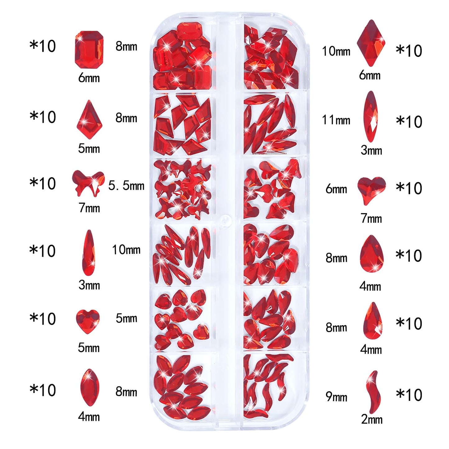 HNUIX Nail Rhinestones - 3D Multi Shape Size, Red Nail Gems, Flat Back, with Kit, for Nail Art, DIY Decorations