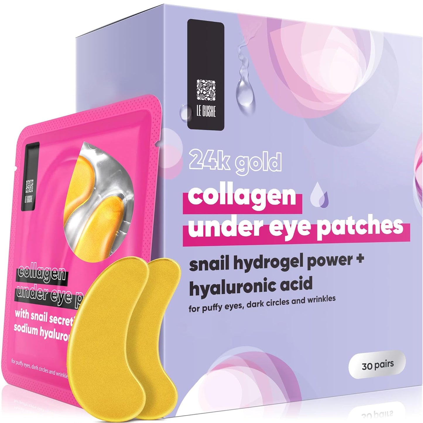 LE GUSHE Under Eye Mask & Under Eye Patches (30 Pairs) - Gold Eye Mask with Collagen & Amino Acid, Cooling Eye Care for Wrinkles, Puffy Eyes & Dark Circles, Brightening Skincare