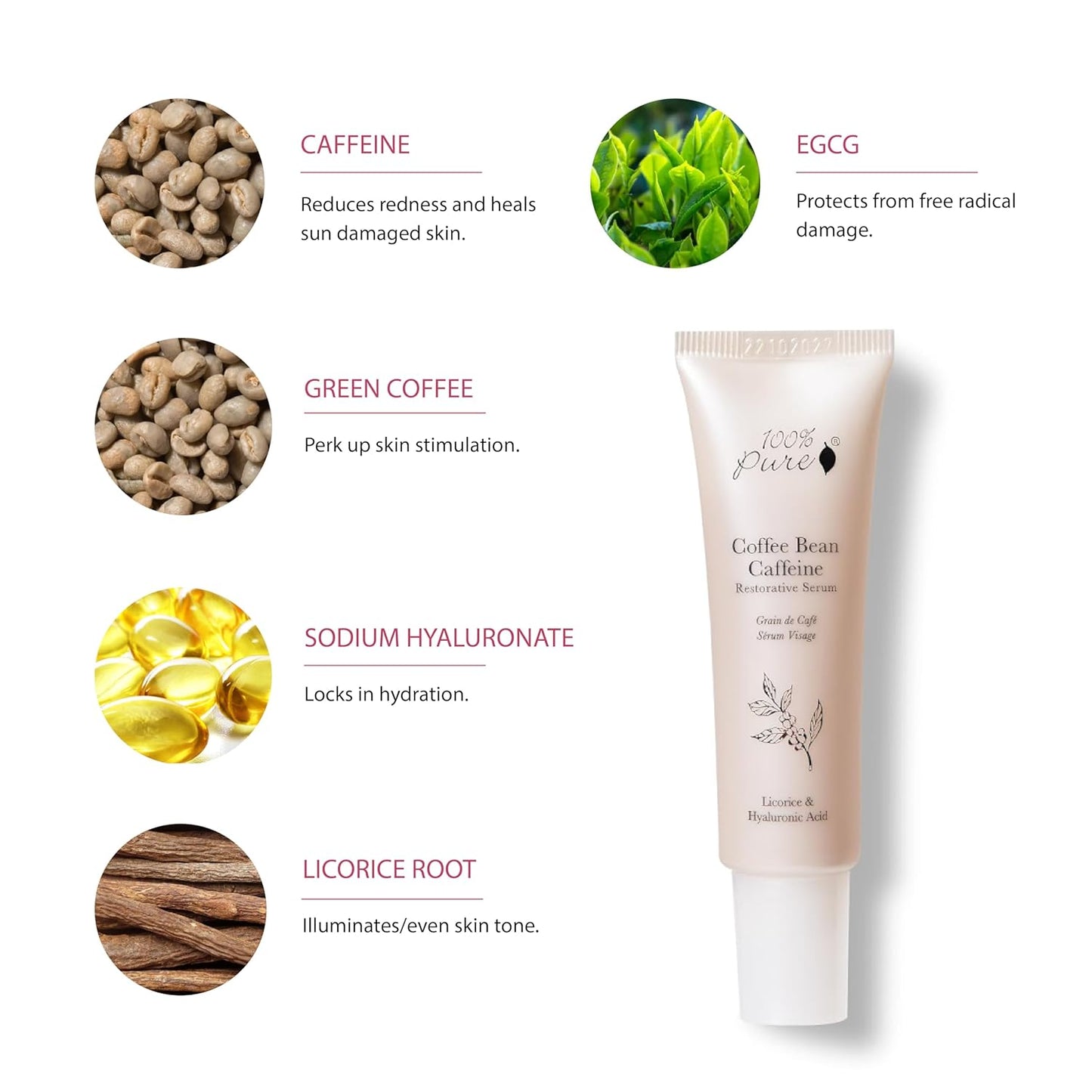 100% PURE Coffee Bean Face Serum EGCG, Licorice Root & Hyaluronic Acid Drops - Tighten, Brighten & Protect Daily Liquid Caffeine For Faded Skin - Ultimate Glow Skincare for Women & Men - 1 fl oz