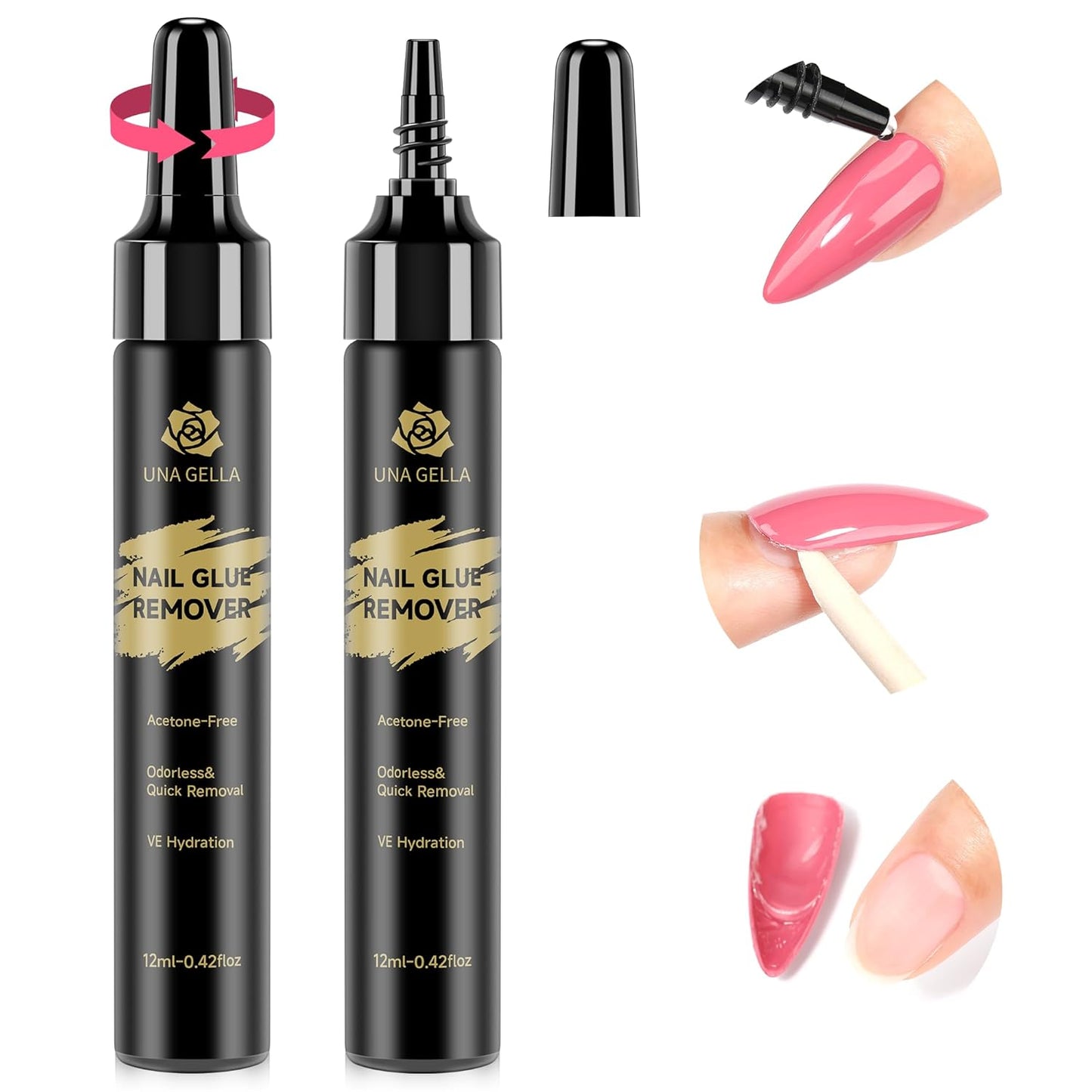 UNA GELLA Quick Removal Gel Nail Glue Remover for Press On Nails: Acrylic Nails Semi Solid Nail Glue Acetone-Free, Not for Gel Polish Base Coat Soak Off Remover Kit Drip Use, 12ml*2pcs
