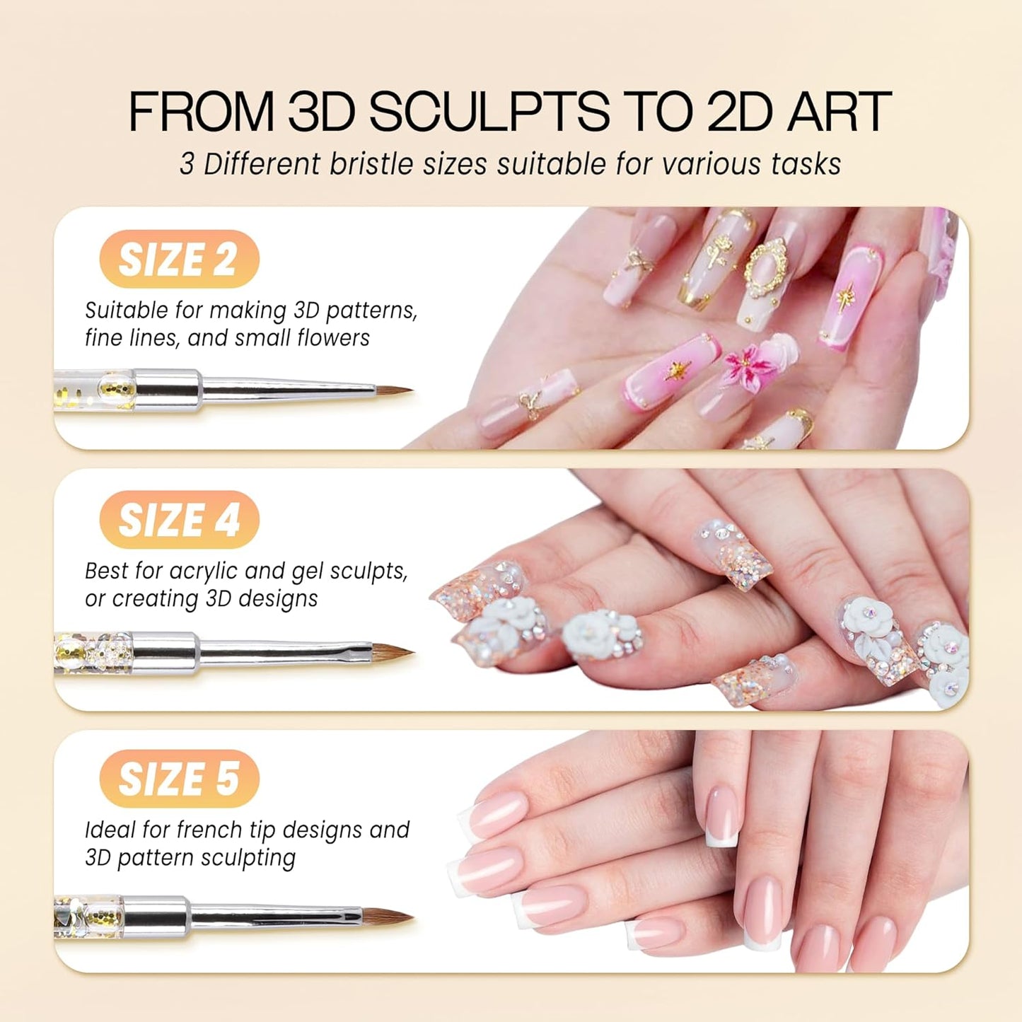 PANA Kolinsky 3D Acrylic Nail Brushes with Liquid Glitter Handle - For Professional Acrylic Powder Liquid Manicure Pedicure (Gold Color, Size #5)