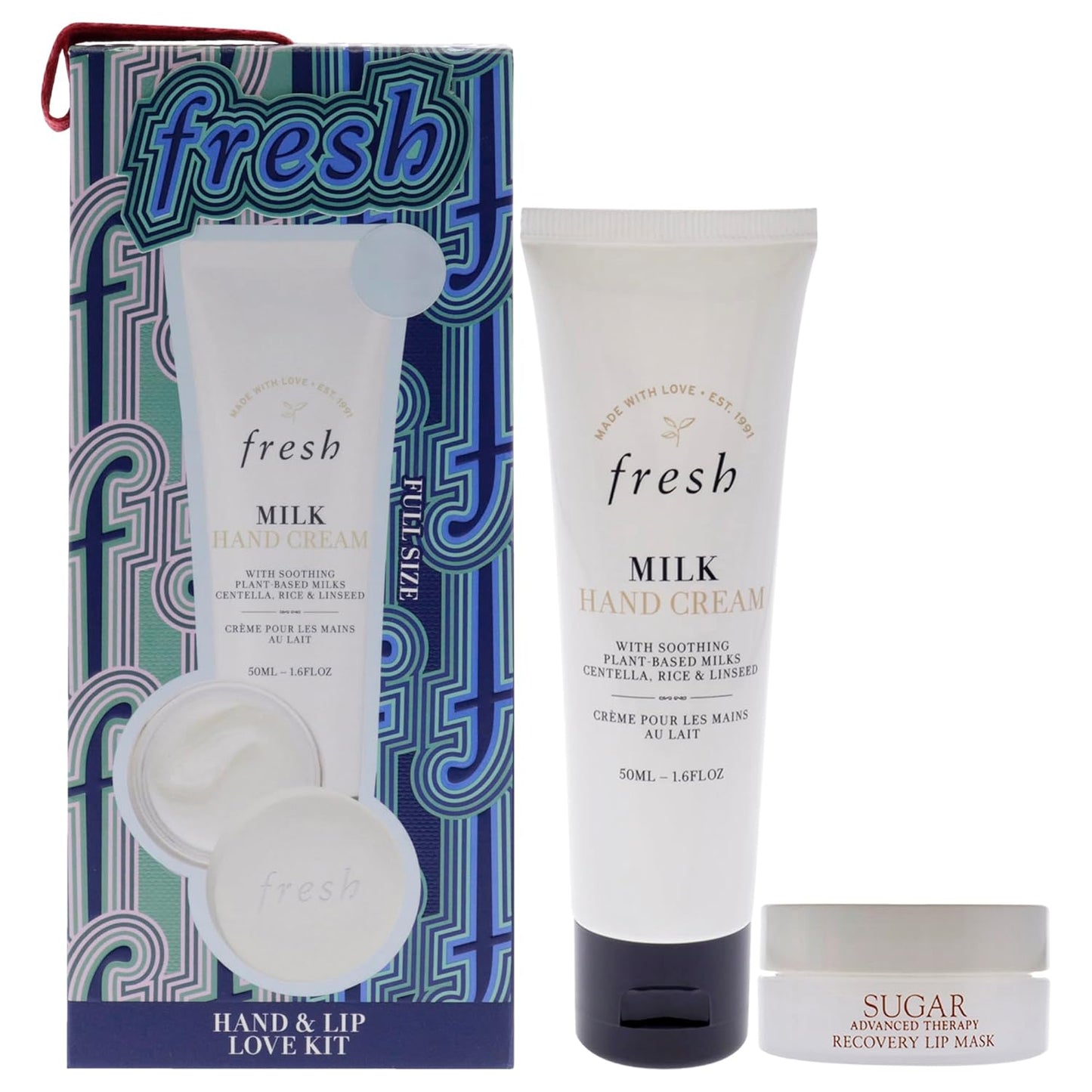 Fresh Hand And Lip Love Kit for Women - 2 Pc 1.6oz Milk Intensive Hand Cream, 0.3oz Sugar Recovery Lip Mask Advanced Therapy