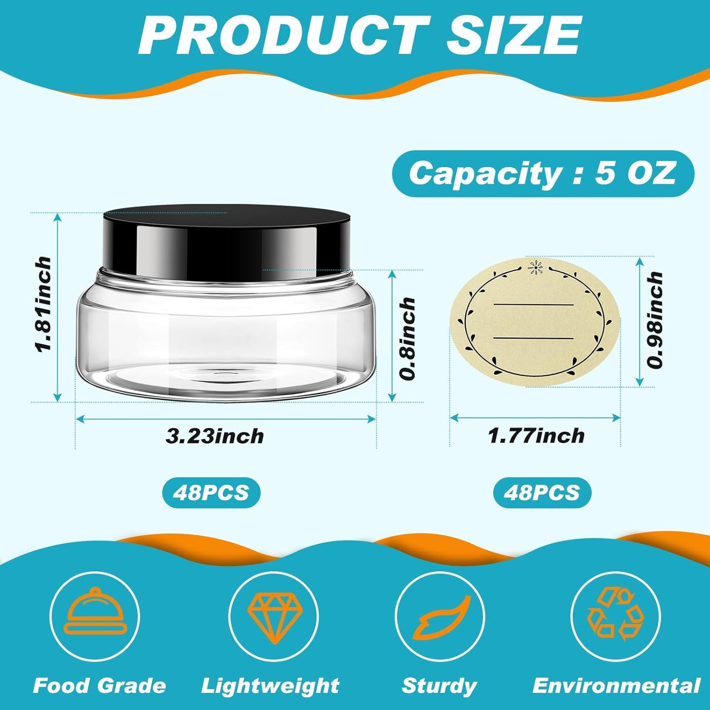 Tessco 48 Pcs Plastic Jars with Lids and Labels Body Scrub Jars Round Refillable Cosmetic Containers Empty Butter Travel Containers for Sugar Scrub Lotions Cosmetics Cream (5 oz,Clear)