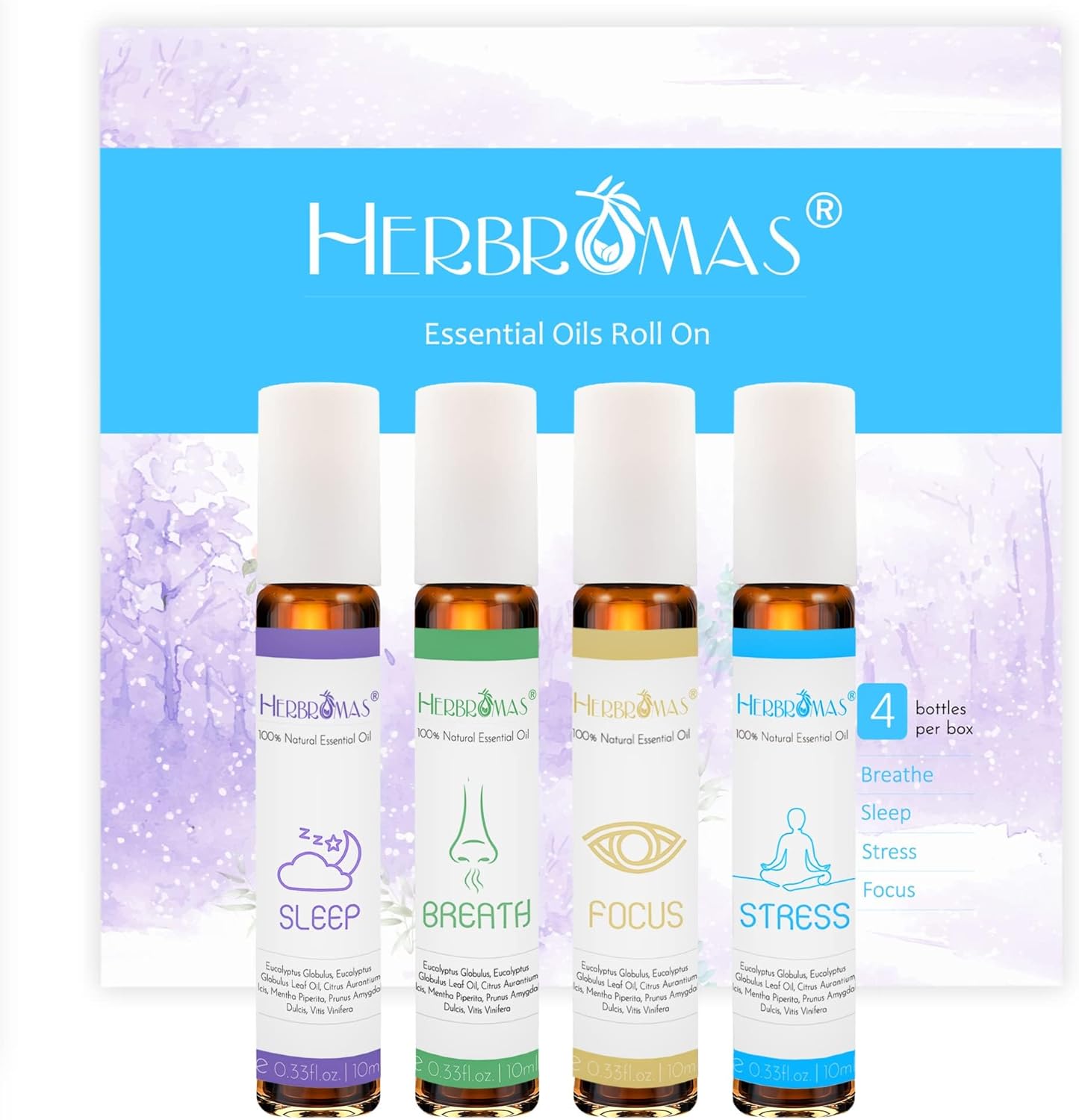 Aromatherapy Oils Roller Set, Natural Pre-diluted Essential Oils Roll On with Glass Rollerball, Relaxation Gift for Women & Men, Christmas Gift, Pack 4 x 0.33fl.oz