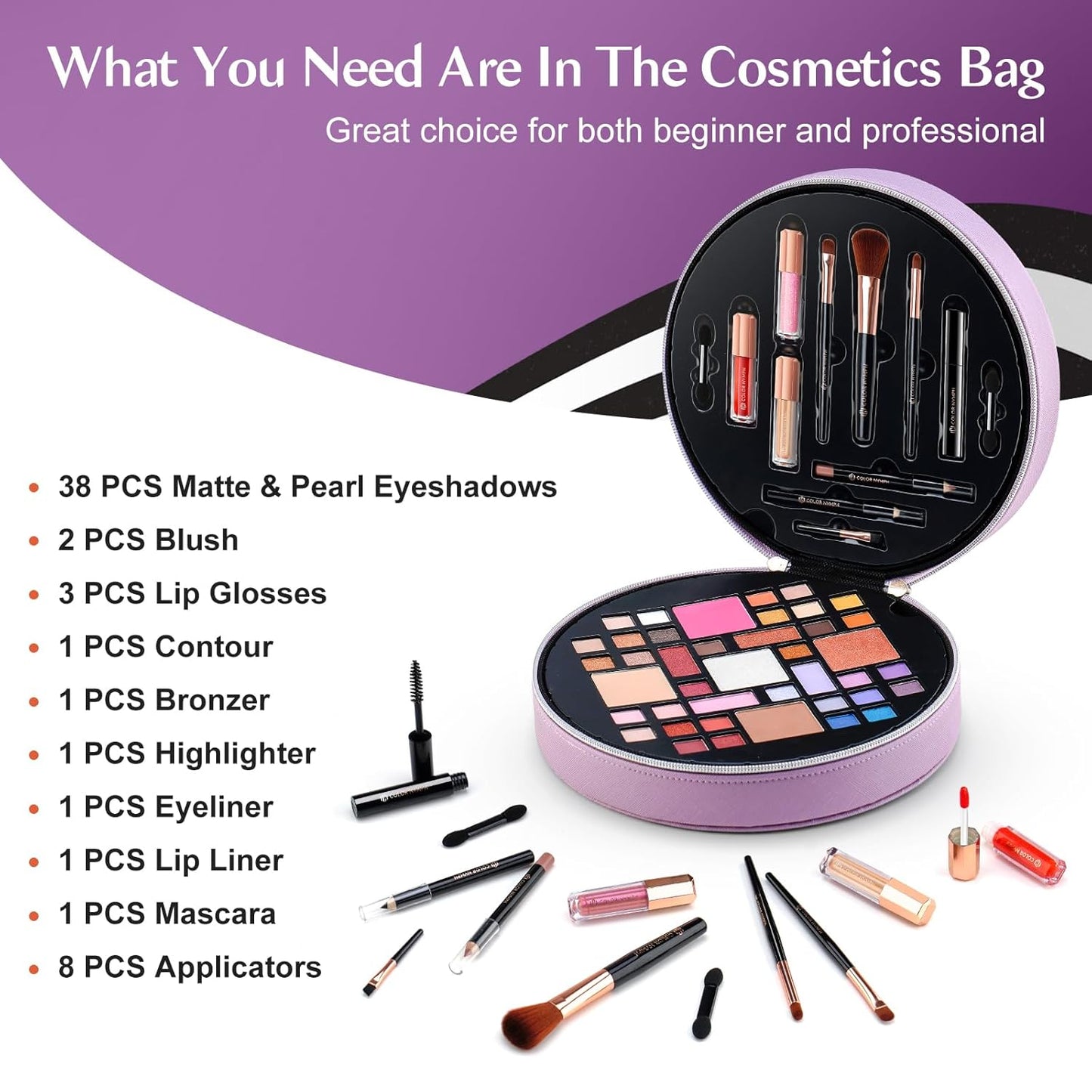 Color Nymph All In One Makeup Kit For Teens With Portable Cosmetics Bag, Multiple Makeups For Begginers As New Year,Birthday Gift Included 38-Colors Eyeshadows Lipglosses Brushes (Purple)