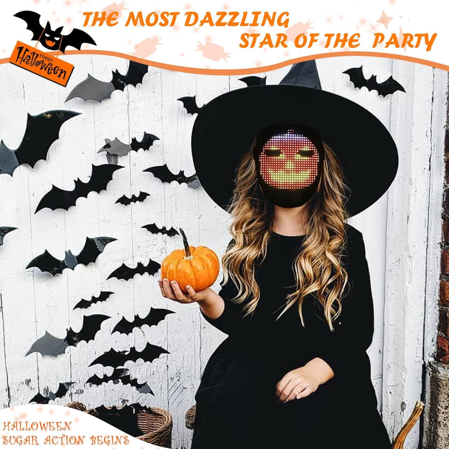 Led Mask with Gesture Sensing, Light up Face Transforming Mask for Halloween Xmas Costume Party