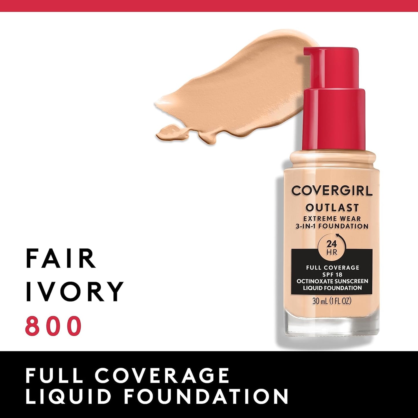 Covergirl Outlast Extreme Wear 3-in-1 Full Coverage Liquid Foundation, SPF 18 Sunscreen, Fair Ivory, 1 Fl. Oz.