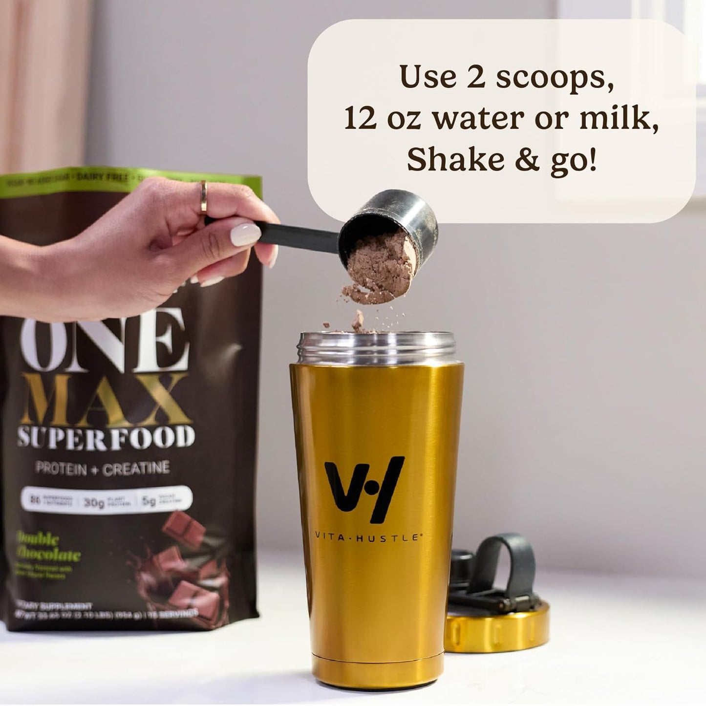 VitaHustle ONE Max Protein Powder, 30g Plant Protein + 5g Creatine, All-in-One Meal Replacement Shake with Greens, Adaptogens, Ashwagandha, Probiotics & Vitamins – Vanilla Ice Cream, 15 Servings