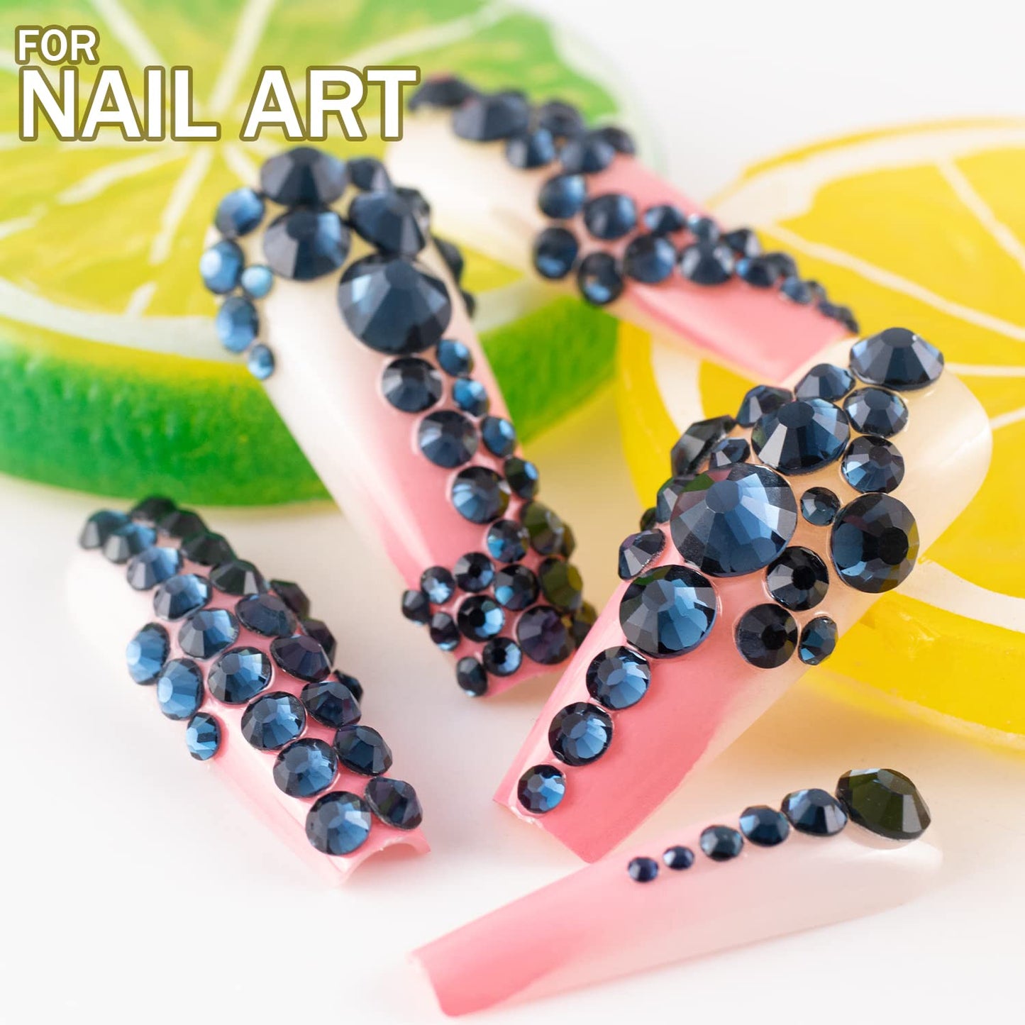 One Pack 2000 Pcs of Flatback Round Navy Blue Rhinestones 6 Sizes (1.5-6 mm) with Nail Art Rhinestone Picker Pencil and Tweezer for DIY and Salon Use