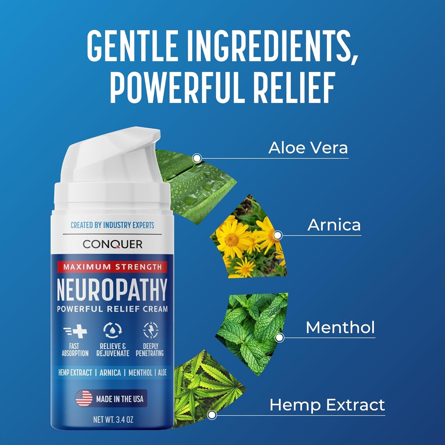 Conquer Neuropathy Cream | Fast-Acting Nerve Pain Relief for Feet and Hands | Long Lasting Cooling for Burning and Itching | Natural Ingredients Including Arnica, Menthol, Aloe Vera, Hemp