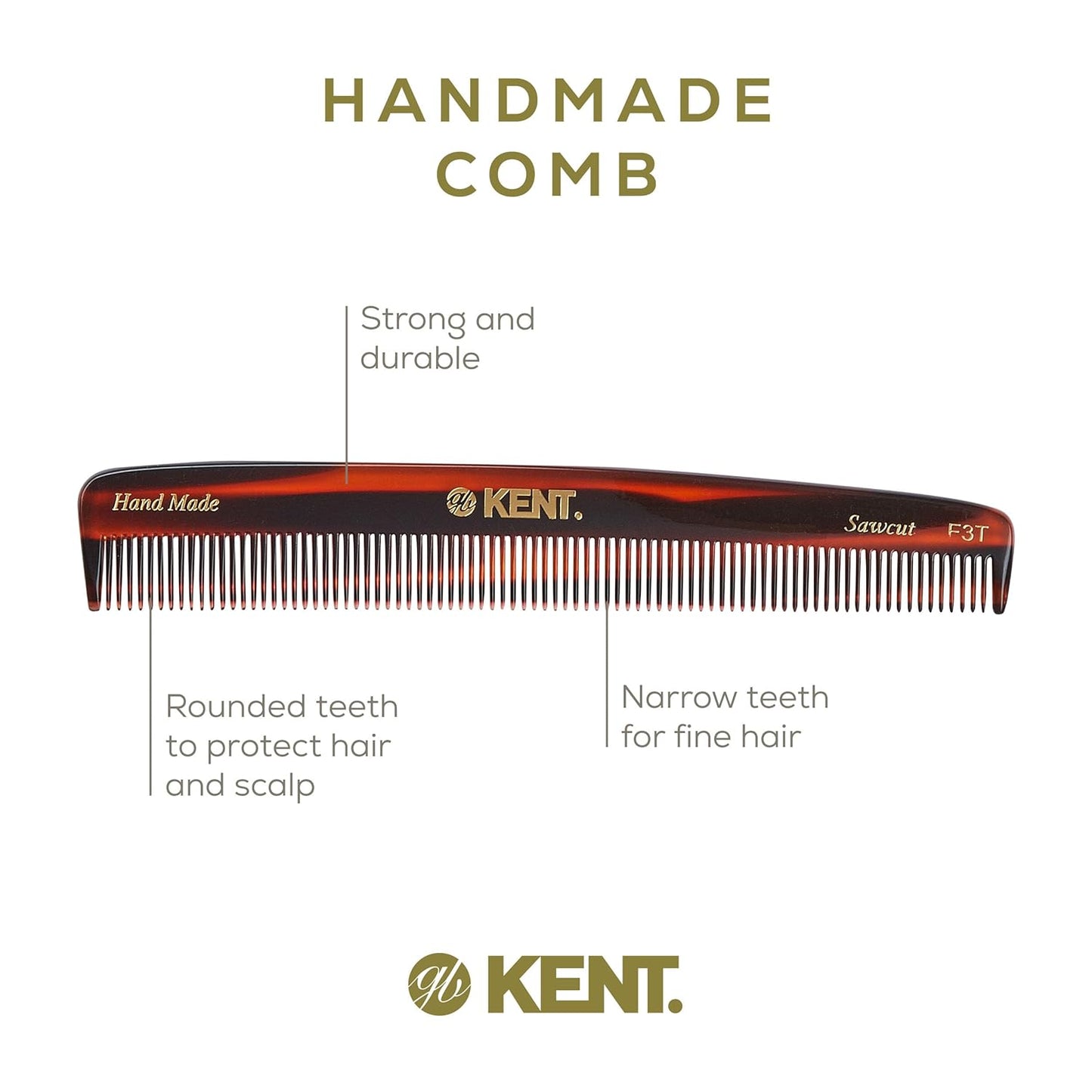 Kent F3T Tortoise Fine Tooth Comb - Hair Parting and Straightening Comb for Men's & Women's Dandruff Remover, Saw Cut and Hand Polished Made in England