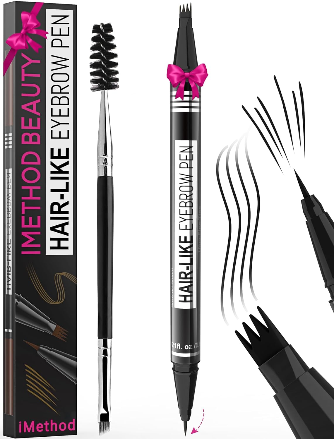 iMethod Eyebrow Pen - Eyebrow Pencil Magical 2-in-1 Eye Brow Pencils for Women with 4-Fork-Tip & Precise Brush-Tip for Natural Hair-Like Brows, Last All-Day, with Eyebrow Spoolie Brush, Black