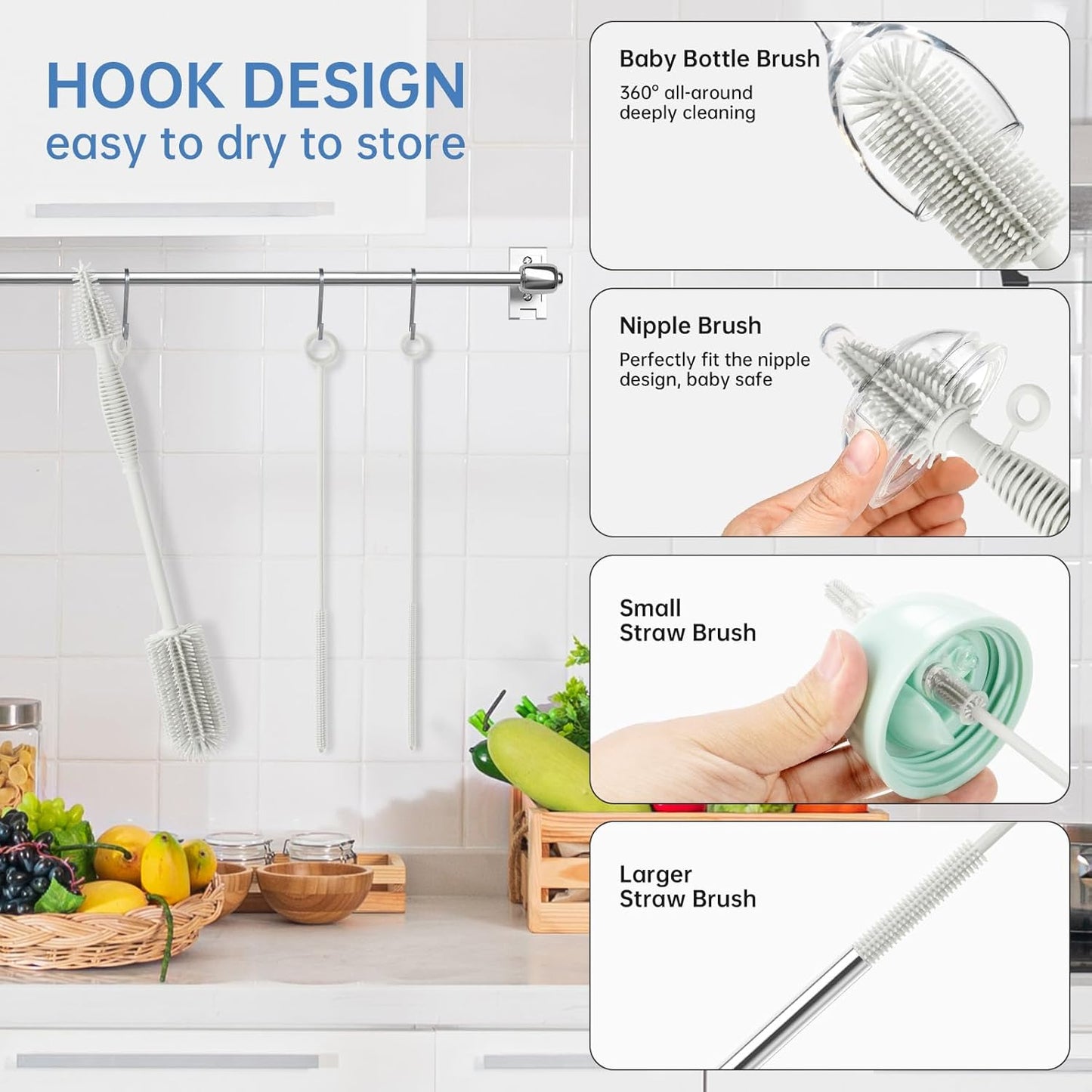 Baby Bottle Brush and Straw Cleaner Brush Set, Extra Long Double-Ended Soft Silicone Brush Cleaner for Baby Bottles, Water Bottles, Cups, Breast Pumps, Detachable & Hangable