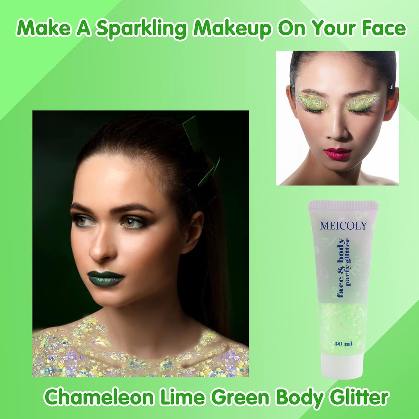 MEICOLY Chameleon Lime Green Body Glitter, Color Changing Mermaid Holographic Glitter Gel for Face, Body, Hair, Festival Party Cheer Makeup